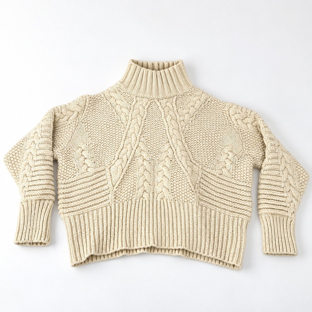 Zara Knit Womens Small Cream Chunky Cable Knit Mock Neck Wool Blend Sweater